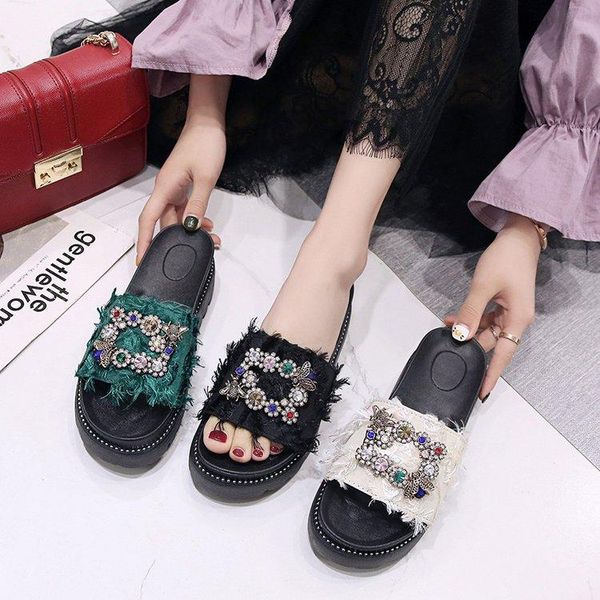 

slippers casual female shoes low glitter slides platform luxury 2021 summer jelly soft cotton fabric fashion hoof heels pu, Black