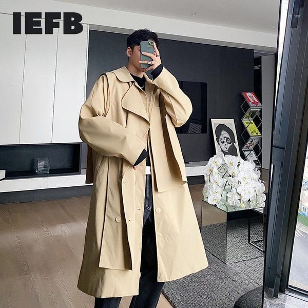 

iefb men's wear design oversized black khaki windbreaker korean trend fashion mid long trench coat casual 9y49101, Tan;black