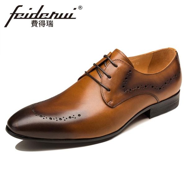 

vintage genuine leather men's wedding party footwear pointed toe lace-up breathable derby man handmade formal dress shoes ymx509, Black