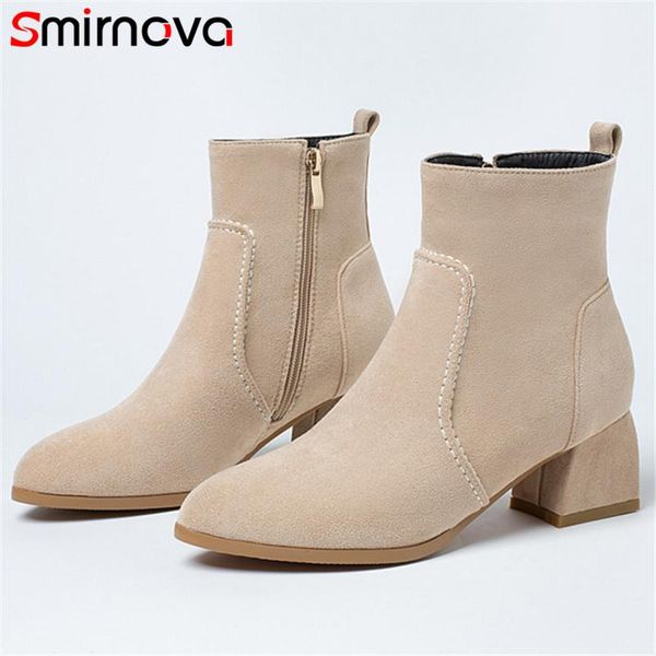 

smirnova 2020 big size 48 thick heels ladies autumn winter boots flock zip solid colors simple comfortable ankle boots women, Black