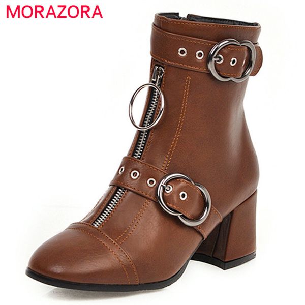 

morazora 2020 big size 48 women ankle boots zip buckle autumn winter boots square high heels dress shoes ladies office shoes 1026, Black