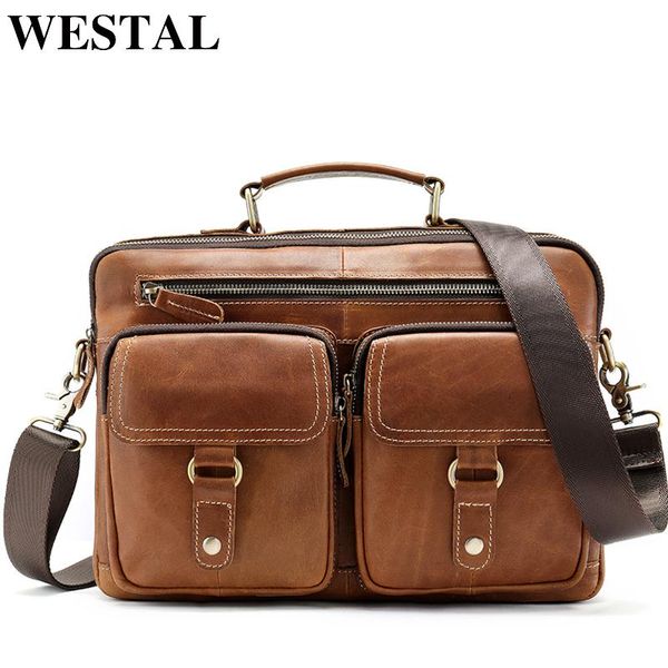

briefcases westal men's bags genuine leather lapbag 13'' men messenger work office for man 8622