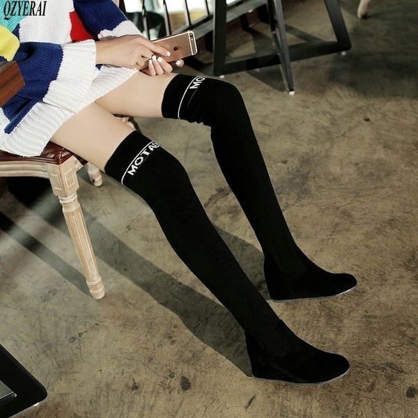 

overknee sock boots mixed color slender stretch thigh boots for women bottines femme plates women shoes t200425, Black