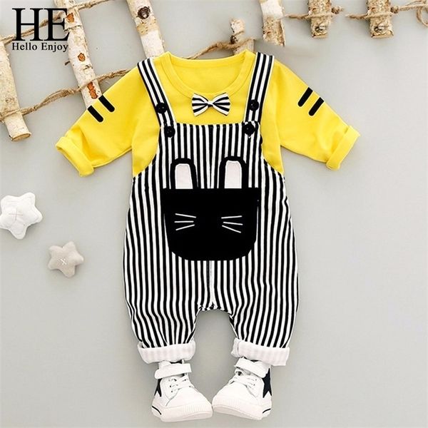 

he hello enjoy baby boy clothes autumn infant clothing sets cartoon bow +stripe overalls baby girl outfit newborn set y200803, White