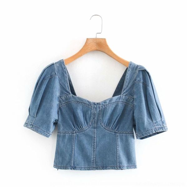 

e7axu 91w-6468 женская тонкая одежда летняя одежда новый квадратный воротник рубашки пузырь рукав джинсовой 91w-6468 женщин 2020 2020 летний, White