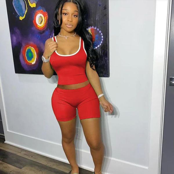 

2021 women sports suit sleeveless strap crop high waist biker shorts pants workout clothes tracksuit outfit 2pcs set, Gray