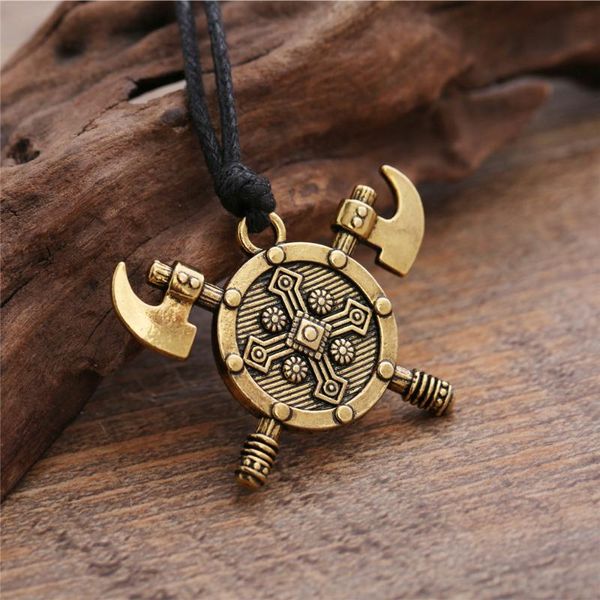 

pendant necklaces skyrim vintage barbarian gladiator shield double axes cross nordic necklace sigil jewelry wicca for men/women, Silver