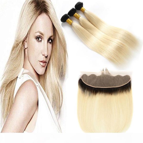 

dark root ombre 1b 613# blonde two tone human hair weft bundles with full frontals honey blonde ombre hair weaves with frontal closure, Black;brown