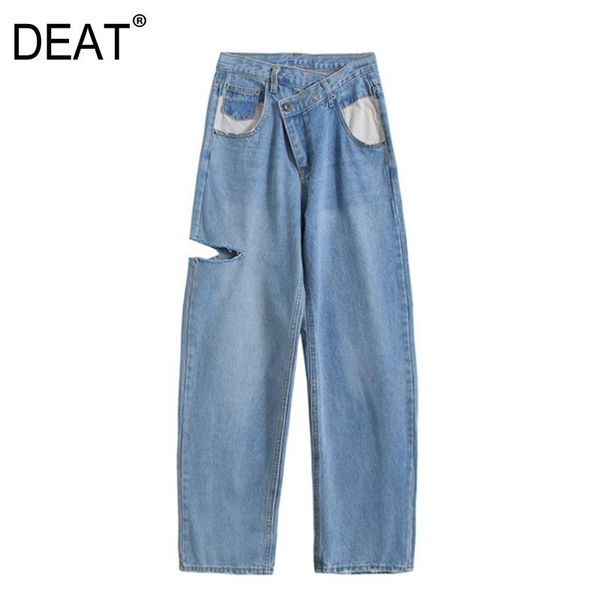 

deat] split side white pocket hit color loose fit straight jeans women irregular waist casual trousers 2020 new fashion ht226, Blue