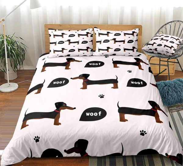 

3 pieces cute dachshund duvet cover set cartoon sausage dog bedding kids boys girls dog quilt cover queen bed set dog dropship