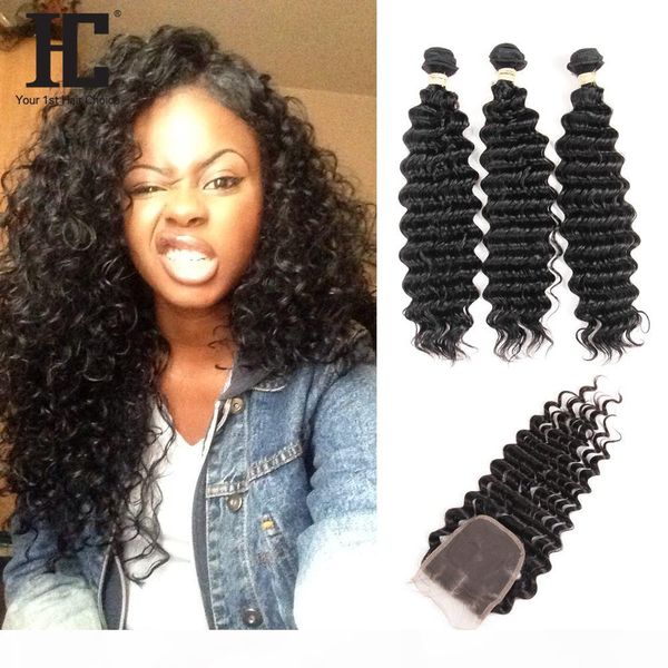 

hc hair brazilian body wave human hair products with closure 3pcs brazilian virgin hair bundles with closure 4*4, Black