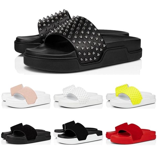 

fashion men flip flops red bottom spikes summer slippers triple black white yellow slides house outdoor mens sandals size 38-46