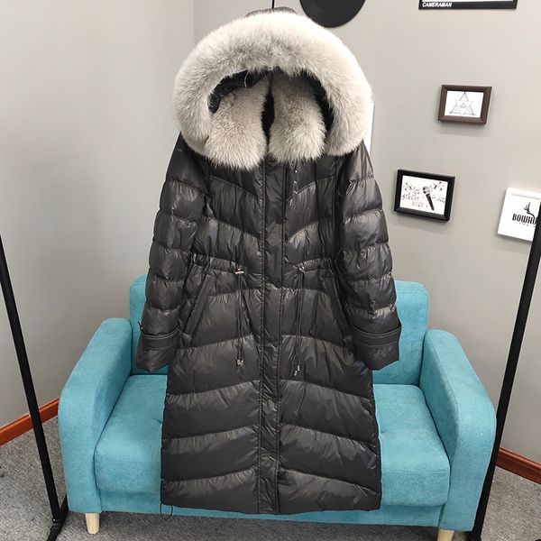 

2021 new real natural fur collar winter with hood female coats long parka thick warm white down jacket qq44, Black