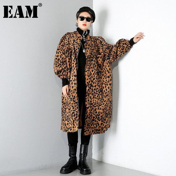 

[eam] women leopard big size trench new stand collar long sleeve loose fit windbreaker fashion tide autumn winter 2021 1dd1589, Tan;black