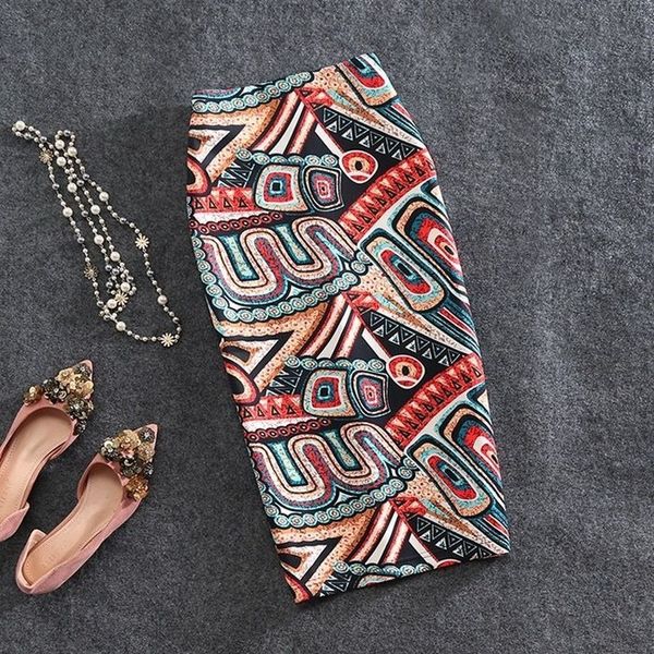 

2021 new elegant print female thin office lady summer size big mid skirt 07p4, Black