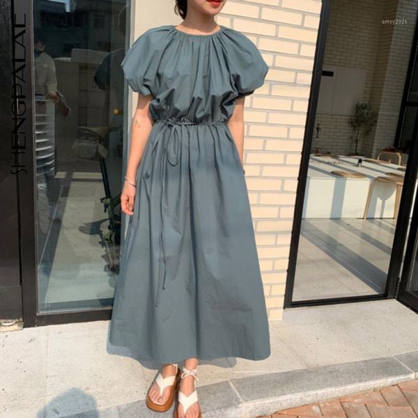 

casual dresses [ewq] 2021 summer women vintage loose high waist elegant flods design puff sleeve maxi dress simple ladies robe1, Black;gray