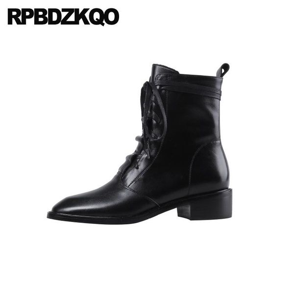

boots front lace up casual ankle autumn genuine leather 2021 women black thick square toe chunky fall winter shoes