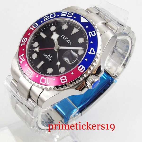 

bliger 40mm black dial date sapphire glass gmt blue and res bezel automatic movement wristwatch1, Slivery;brown