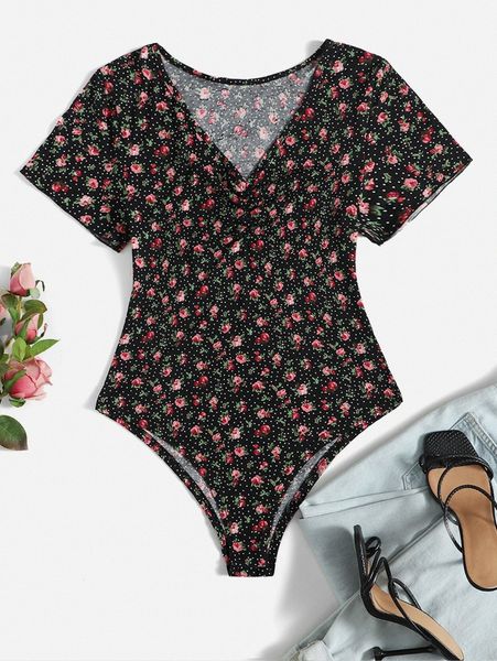 

plus ditsy floral ruched front bodysuit 03lt#, Black