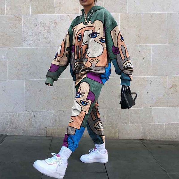 

2020 new womens tracksuits european and american fashion printing two piece set women sports and leisure hooded suit 3 styles size s-2xl, Gray