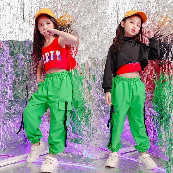 

children hip hop clothing sweatshirt crop running casual pants for girl kid jazz dance costume wear ballroom dancing clothes1, Black;red
