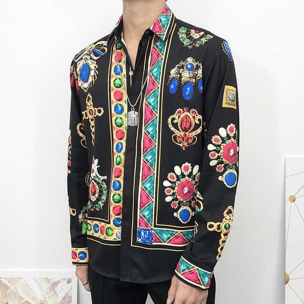 

2020 new styles noble black shirts men long sleeve diamond crown blouse royal party club wedding dress shirts1, White;black