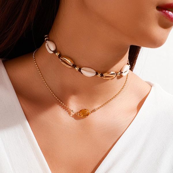 

fashionable crystal natural shell necklace, hand knotted and woven alloy double-layer necklace, Golden;silver