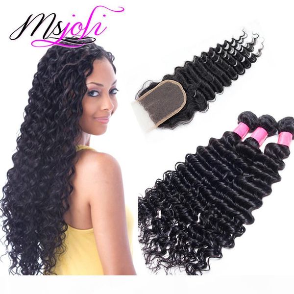 

brazilian unprocessed virgin human hair weave deep wave natural color 4x4 lace closure with three bundles from ms joli, Black;brown