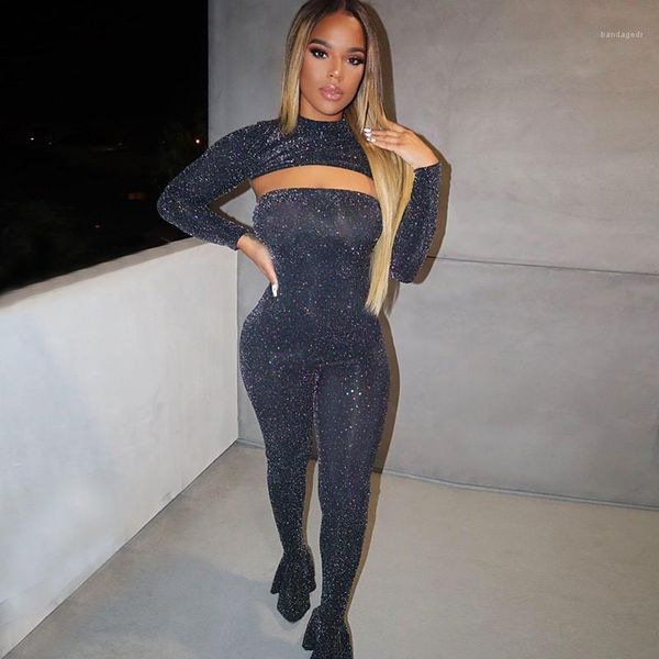 

designer jumpsuits bling panelled slim long sleeve long flare pants jumpsuits womens hollow out clothing solid color womens, Black;white