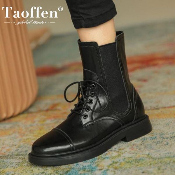 

taoffen real leather women ankle boots cross strap winter shoes women round toe warm short boot office lady fashion size 35-39, Black