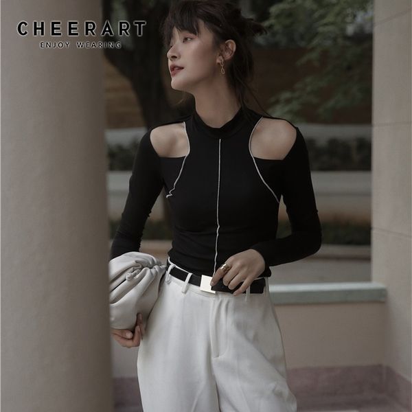 Cheerpart Sexy Manica Lunga Top Freddo Black T Shirt Donne Donne Designer Designer Ladies Top Underwear Tee Shirt Fall Vestiti 201028