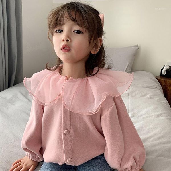 

jackets children's girls korean lace jacket sweet and versatile lapel fashion coat 2021 autumn1, Blue;gray