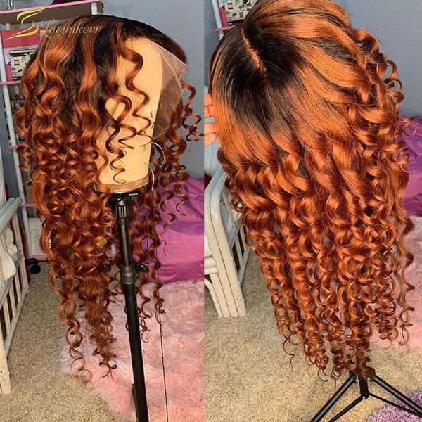 

loose deep wave colored ombre human hair wig front hd transparent orange ginger lace frontal wigs for black women preplucked, Black;brown