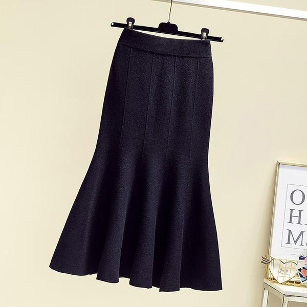 

2021 new women high solid color knitted skirts autumn elegant streetwear medium femme skirt y318 desu, Black
