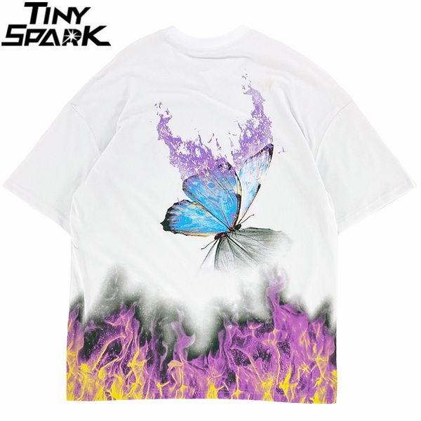 

men t shirt hip hop oversize streetwear fire flame butterfly tshirt short sleeve t-shirt cotton tees loose kg-260, White;black