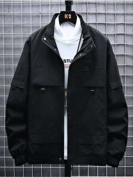 

men solid flap pocket zip front jacket 00zn#, Black;brown