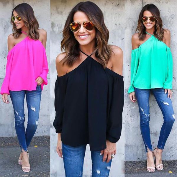 

2021 street bright autumn women's solid color halter off-shoulder long-sleeved t-shirt women shirts for women, White