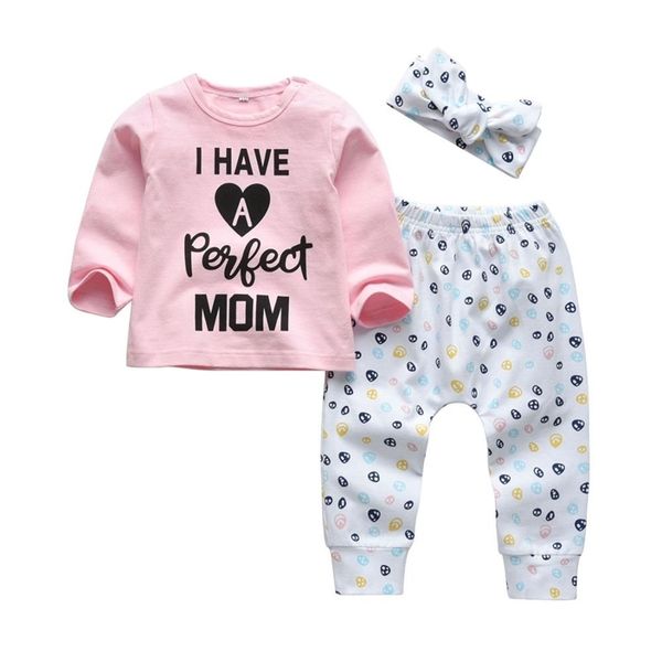 

infant clothing set autumn newborn baby girl clothes letter i have a perfect mom long sleeve t-shirt casual pants headband lj201221, White