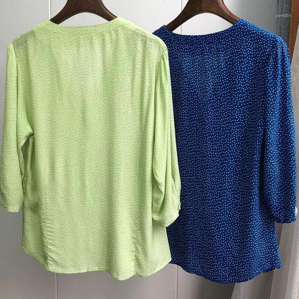 

spring summer deep v-neck vintage navy blue/green dot women blouses1, White