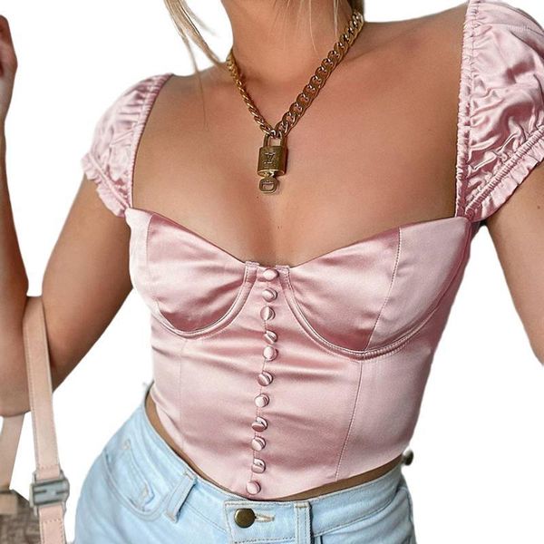 

summer women shiny silk satin puff sleeve short crop low neck buttoned irregular hem fairy shirts1, White