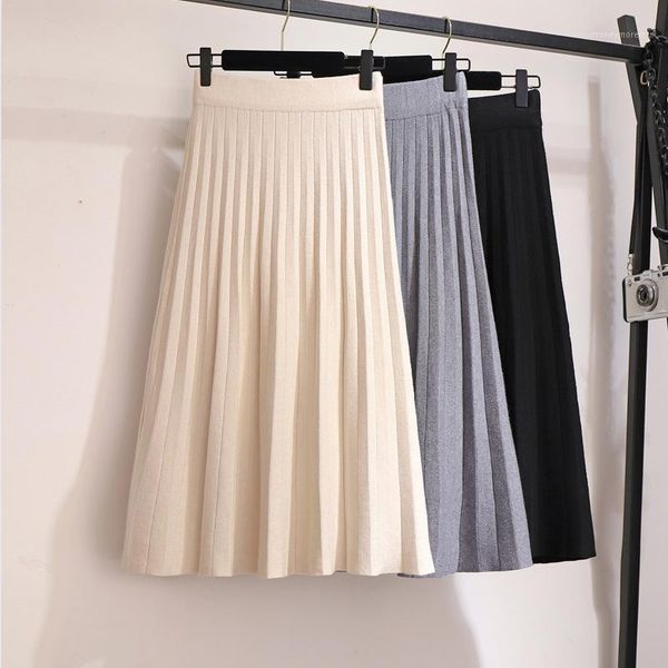 

skirts 2021 autumn winter women fashion knit long pleated #7011, Black