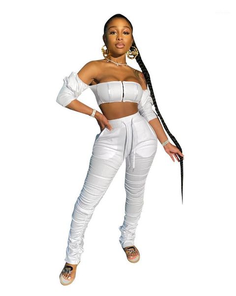 

2020 solid two piece sets for women slash neck club two piece set tracksuits zipper t shirts stacked pants set outfits1, Gray