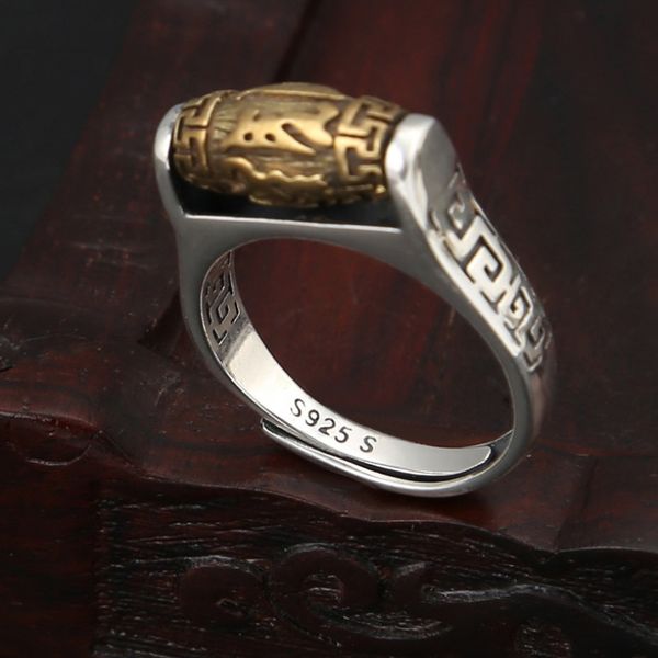 

real s925 silver six words turn ring for men pray lucky engraved flower ring men fashion sterling thai silver jewelry gift 201110