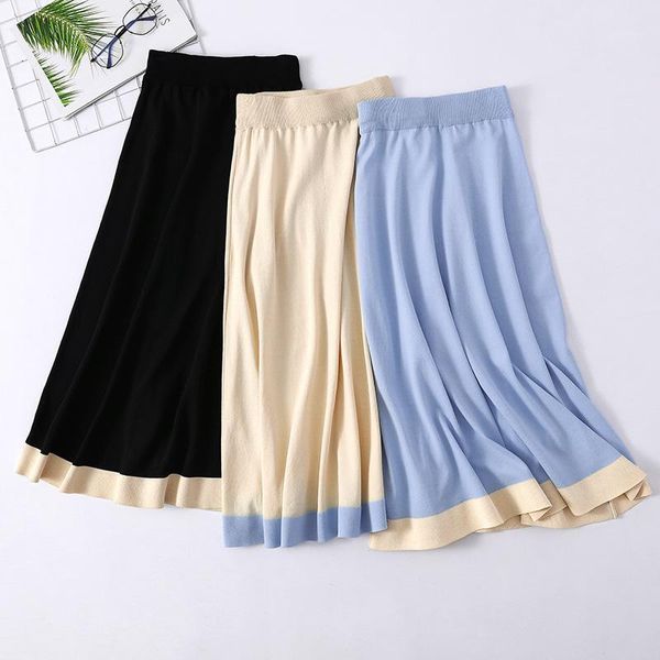 

singrain women knitted long skirt autumn high waist elastic solid a-line midi long bottoms casual loose warm sweater skirt 20201, Black