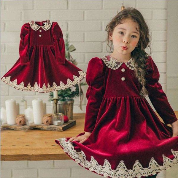 

new 2020 winter long sve lace princs girl's christmas plush thickened golden veet children's drs, Red;yellow
