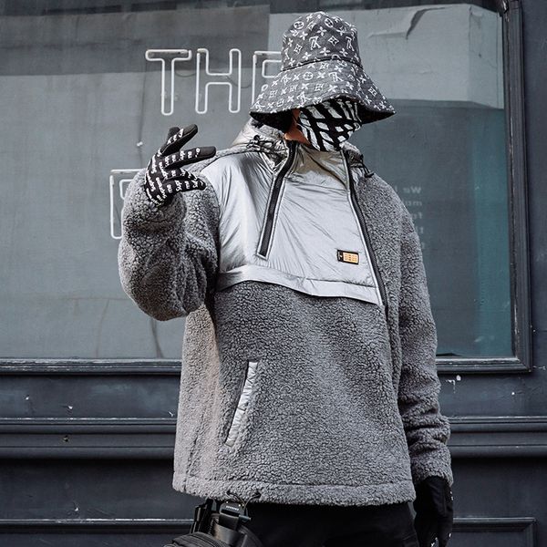 

winter men hooded parka new casual wool jacket plus size mens hip hop splice warm parka coat streetwear, Black