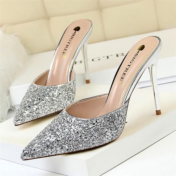 

glitter heels party shoes for women mules high heels stiletto pointed elegant shoes for woman high heel slippers evening, Black