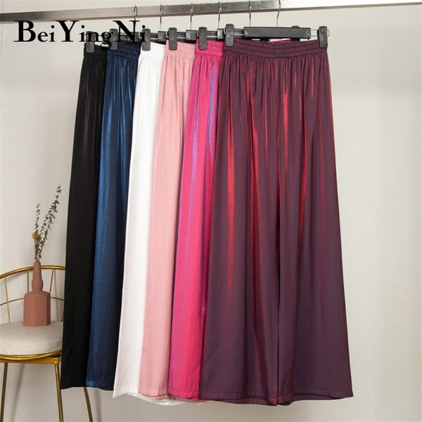 

beiyingni silk satin trousers women bling fashion summer plus size wide leg pants ladies loose elastic high waist long pant 201106, Black;white