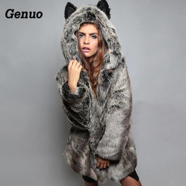 

women's fur & faux genuo coat winter women hooded female jacket casacas para mujer casual long sleeve warm parka outwear, Black