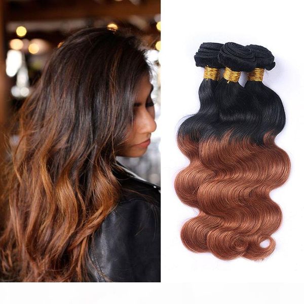 

medium auburn colored hair 3 bundles body wave ombre two tone 1b 30# peruvian virgin human hair wefts 100g pcs 10-30 inch length, Black